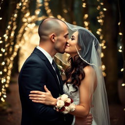 A stunning Italian woman with long, dark wavy hair and captivating blue eyes is getting married in a magical forest setting filled with twinkling lights