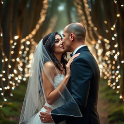 A stunning Italian woman with long, dark wavy hair and captivating blue eyes is getting married in a magical forest setting filled with twinkling lights