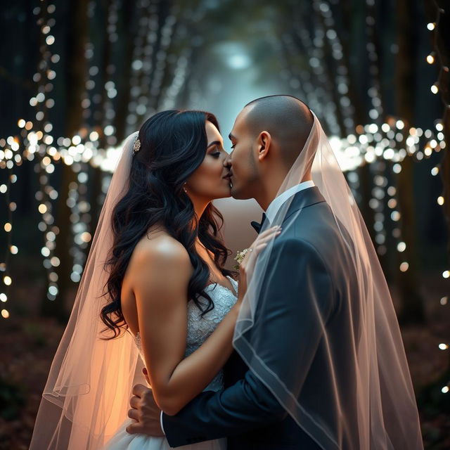 A stunning Italian woman with long, dark wavy hair and captivating blue eyes is getting married in a magical forest setting filled with twinkling lights
