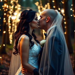 An Italian woman with dark long wavy hair and striking blue eyes, elegantly dressed in a wedding gown, is about to kiss her British husband, who has a shaved head, under a beautiful veil