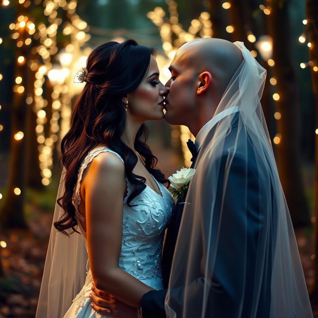 An Italian woman with dark long wavy hair and striking blue eyes, elegantly dressed in a wedding gown, is about to kiss her British husband, who has a shaved head, under a beautiful veil