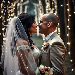 An Italian woman with dark long wavy hair and striking blue eyes, elegantly dressed in a wedding gown, is about to kiss her British husband, who has a shaved head, under a beautiful veil