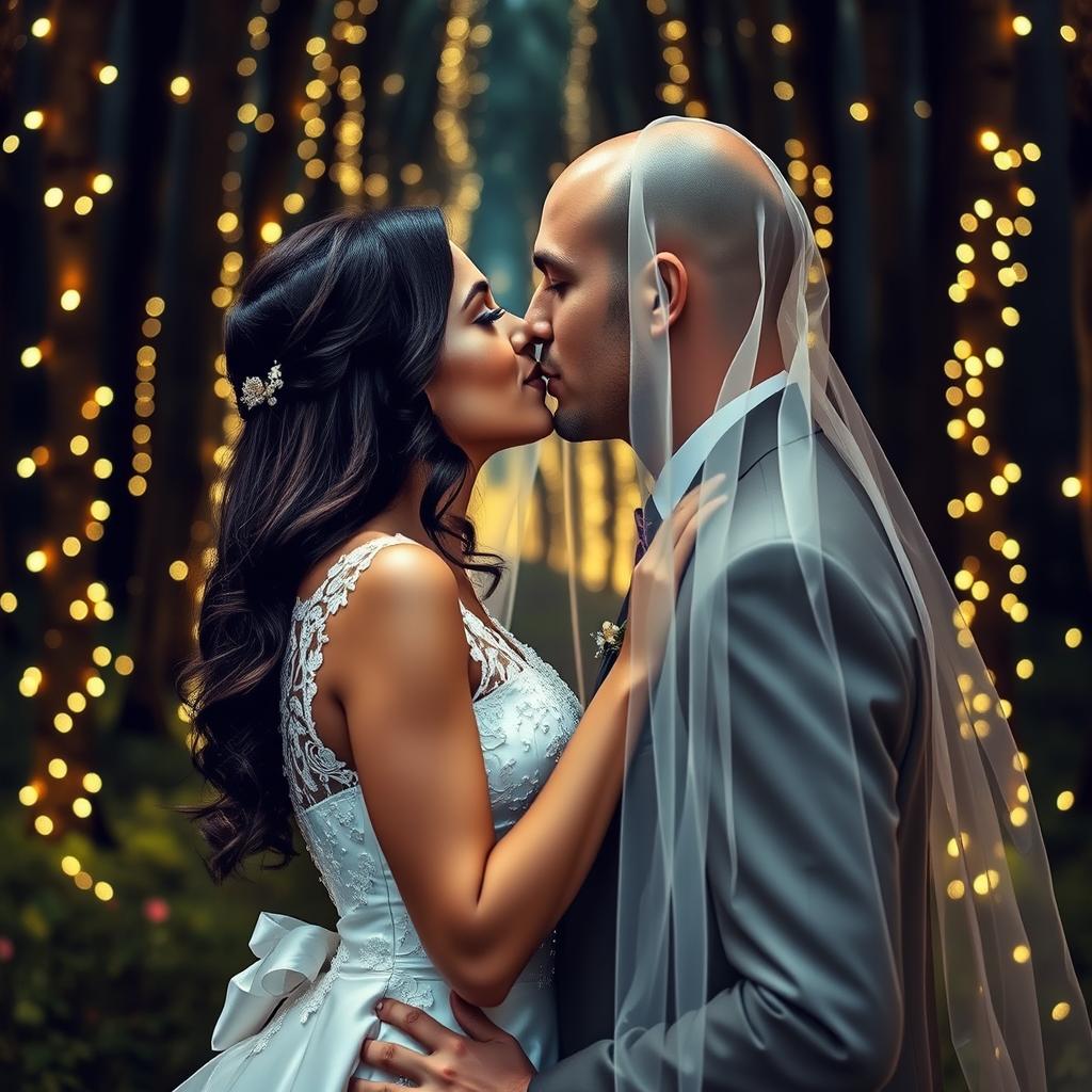 An Italian woman with dark long wavy hair and striking blue eyes, elegantly dressed in a wedding gown, is about to kiss her British husband, who has a shaved head, under a beautiful veil