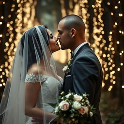 An Italian woman with dark long wavy hair and striking blue eyes, elegantly dressed in a wedding gown, is about to kiss her British husband, who has a shaved head, under a beautiful veil