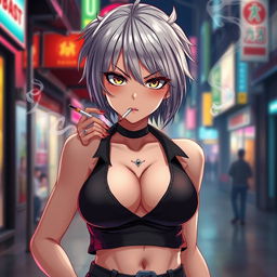 A beautiful and dominant anime girl with striking grey hair, wearing a stylish crop top that accentuates her exceptionally large chest, now three times bigger than before