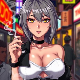 A beautiful and dominant anime girl with striking grey hair, wearing a stylish crop top that accentuates her exceptionally large chest, now three times bigger than before