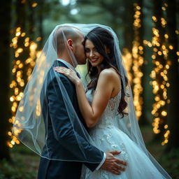 A full body portrait of an Italian woman with dark long wavy hair and captivating blue eyes, dressed in an exquisite wedding gown, embracing her British husband with a shaved head