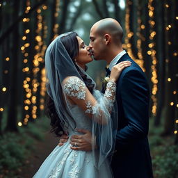 A full body portrait of an Italian woman with dark long wavy hair and captivating blue eyes, dressed in an exquisite wedding gown, embracing her British husband with a shaved head
