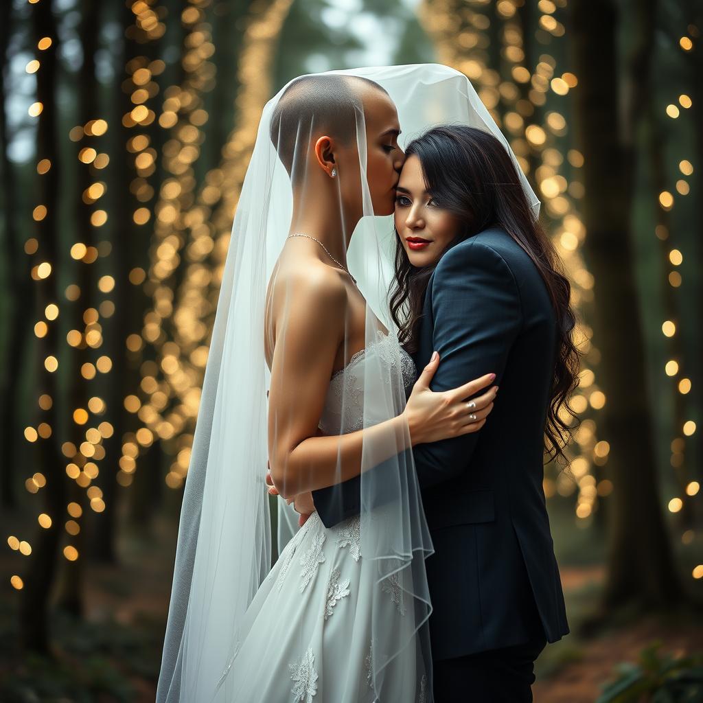 A full body portrait of an Italian woman with dark long wavy hair and captivating blue eyes, dressed in an exquisite wedding gown, embracing her British husband with a shaved head