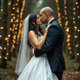 A full body portrait of an Italian woman with dark long wavy hair and captivating blue eyes, dressed in an exquisite wedding gown, embracing her British husband with a shaved head