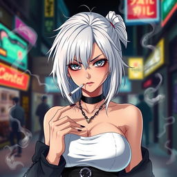 A cold and dominant anime girl with striking white hair, wearing a stylish crop top that accentuates her big chest