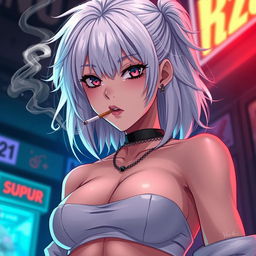 A cold and dominant anime girl with striking white hair, wearing a stylish crop top that accentuates her big chest