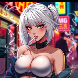 A cold and dominant anime girl with striking white hair, wearing a stylish crop top that accentuates her big chest