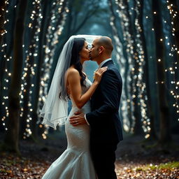 A full body shot of an Italian woman with dark long wavy hair and beautiful blue eyes, dressed in a stunning wedding gown, as she stands with her British husband, who has a shaved head
