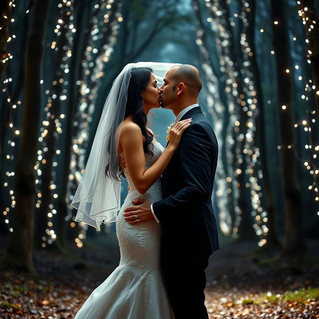 A full body shot of an Italian woman with dark long wavy hair and beautiful blue eyes, dressed in a stunning wedding gown, as she stands with her British husband, who has a shaved head