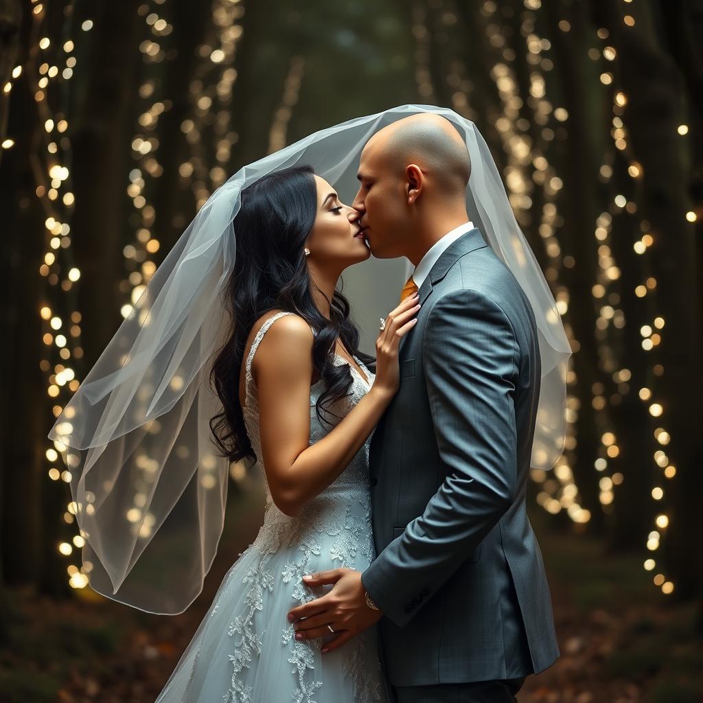 A full body shot of an Italian woman with dark long wavy hair and beautiful blue eyes, dressed in a stunning wedding gown, as she stands with her British husband, who has a shaved head