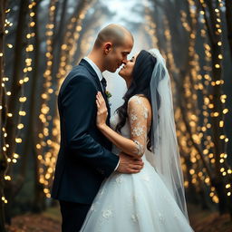 A full body shot of an Italian woman with dark long wavy hair and beautiful blue eyes, dressed in a stunning wedding gown, as she stands with her British husband, who has a shaved head