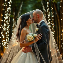 A full body shot of an Italian woman with dark long wavy hair and beautiful blue eyes, dressed in a stunning wedding gown, as she stands with her British husband, who has a shaved head