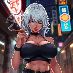 A dominant and alluring anime girl with striking white hair, wearing a stylish crop top that dramatically accentuates her very large and voluptuous chest