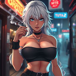 A dominant and alluring anime girl with striking white hair, wearing a stylish crop top that dramatically accentuates her very large and voluptuous chest