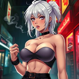 A dominant and alluring anime girl with striking white hair, wearing a stylish crop top that dramatically accentuates her very large and voluptuous chest