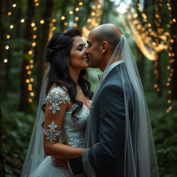 A romantic scene depicting an Italian woman with dark long wavy hair and striking blue eyes, wearing a beautiful wedding gown, sharing a tender kiss with her British fiancé, who has a shaved head, under a veil