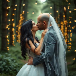 A romantic scene depicting an Italian woman with dark long wavy hair and striking blue eyes, wearing a beautiful wedding gown, sharing a tender kiss with her British fiancé, who has a shaved head, under a veil