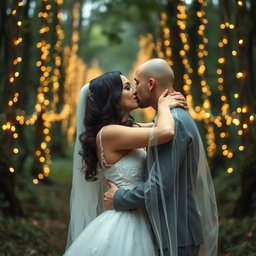 A romantic scene depicting an Italian woman with dark long wavy hair and striking blue eyes, wearing a beautiful wedding gown, sharing a tender kiss with her British fiancé, who has a shaved head, under a veil
