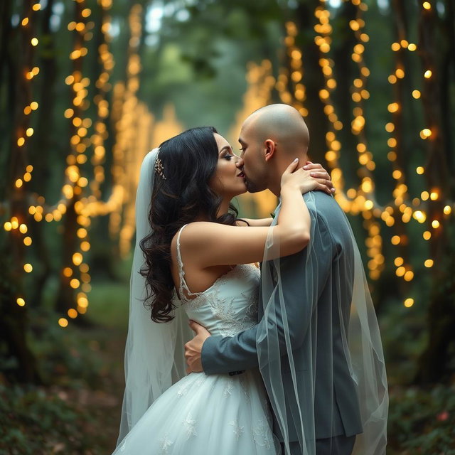 A romantic scene depicting an Italian woman with dark long wavy hair and striking blue eyes, wearing a beautiful wedding gown, sharing a tender kiss with her British fiancé, who has a shaved head, under a veil