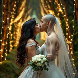 A romantic scene depicting an Italian woman with dark long wavy hair and striking blue eyes, wearing a beautiful wedding gown, sharing a tender kiss with her British fiancé, who has a shaved head, under a veil