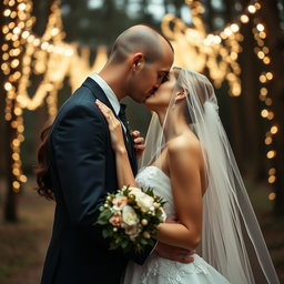 A romantic scene featuring an Italian woman with dark long wavy hair and captivating blue eyes, elegantly dressed in a stunning wedding gown, sharing a passionate kiss with her British fiancé, who has a shaved head, beneath a delicate veil