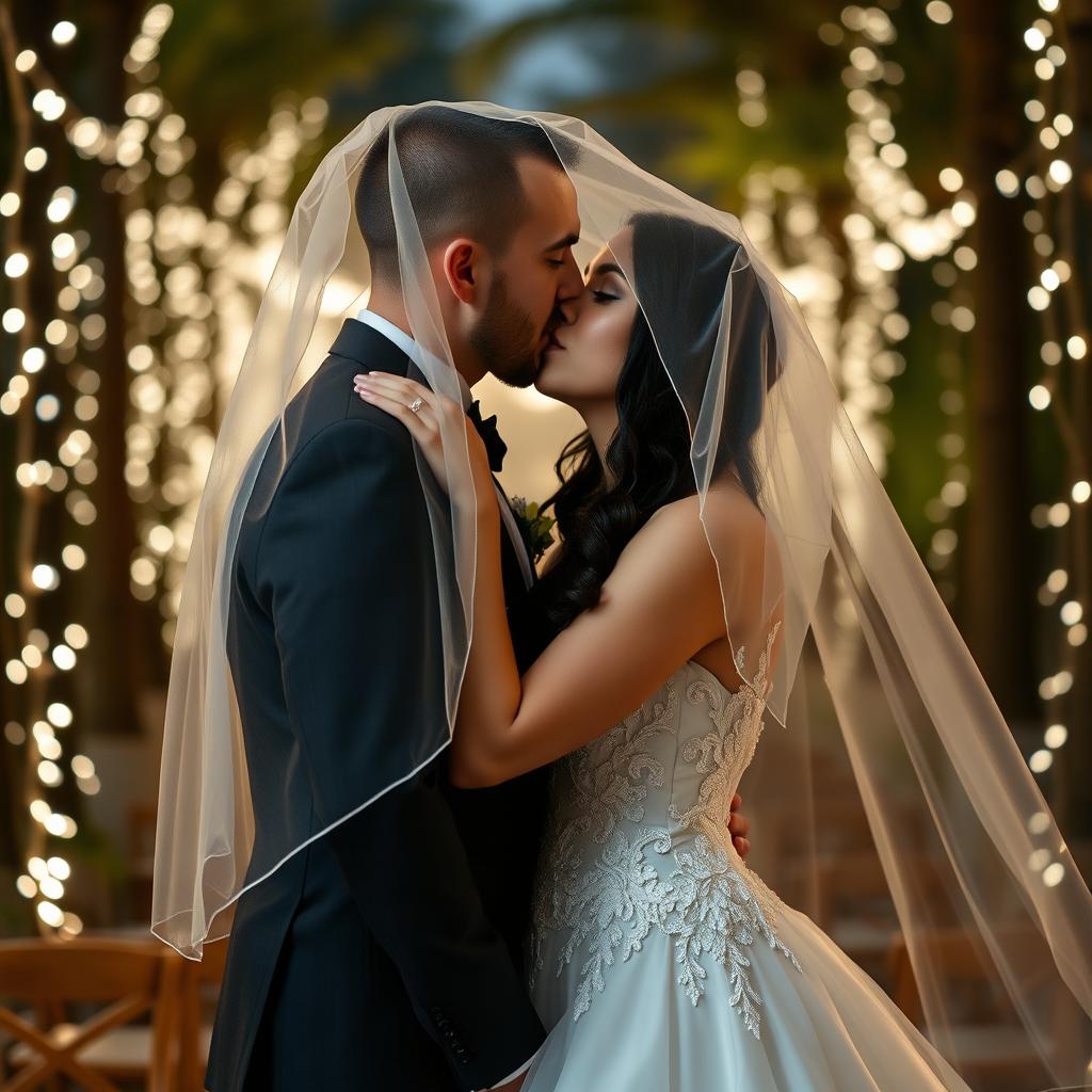 A romantic scene featuring an Italian woman with dark long wavy hair and captivating blue eyes, elegantly dressed in a stunning wedding gown, sharing a passionate kiss with her British fiancé, who has a shaved head, beneath a delicate veil