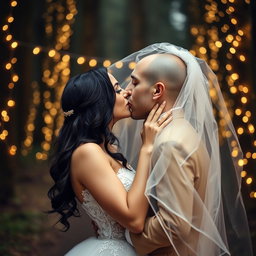 A romantic scene featuring an Italian woman with dark long wavy hair and captivating blue eyes, elegantly dressed in a stunning wedding gown, sharing a passionate kiss with her British fiancé, who has a shaved head, beneath a delicate veil