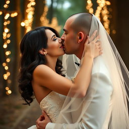 A romantic scene featuring an Italian woman with dark long wavy hair and captivating blue eyes, elegantly dressed in a stunning wedding gown, sharing a passionate kiss with her British fiancé, who has a shaved head, beneath a delicate veil