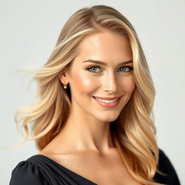 A stunning portrait of a beautiful woman with flowing hair, smiling gently at the camera