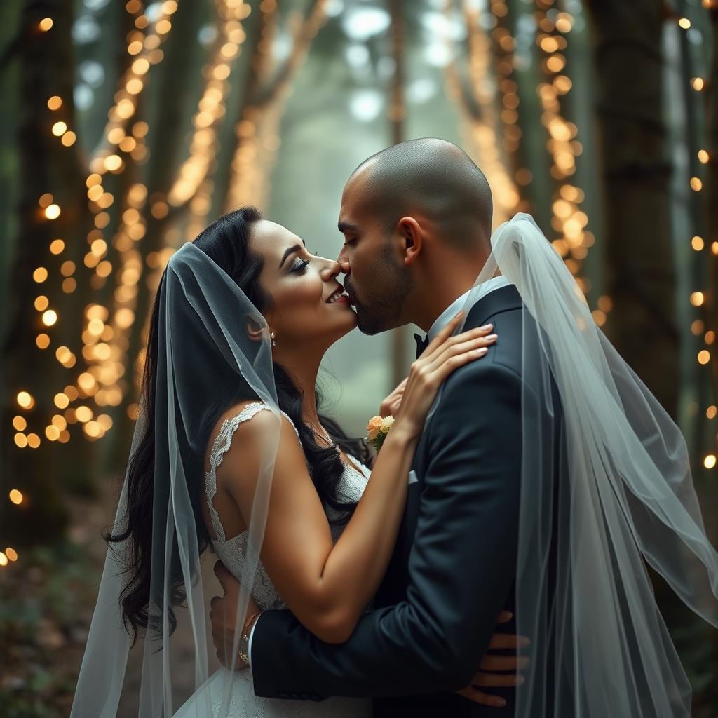 A beautifully captured moment of an Italian woman with long dark wavy hair and enchanting blue eyes, dressed in an elegant wedding gown, as she shares a loving kiss with her British fiancé, who has a shaved head, underneath a sheer veil
