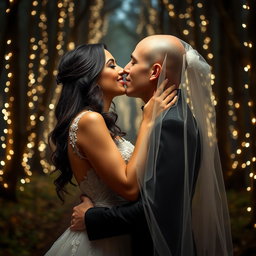 A beautifully captured moment of an Italian woman with long dark wavy hair and enchanting blue eyes, dressed in an elegant wedding gown, as she shares a loving kiss with her British fiancé, who has a shaved head, underneath a sheer veil