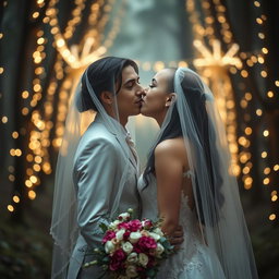 A beautifully captured moment of an Italian woman with long dark wavy hair and enchanting blue eyes, dressed in an elegant wedding gown, as she shares a loving kiss with her British fiancé, who has a shaved head, underneath a sheer veil