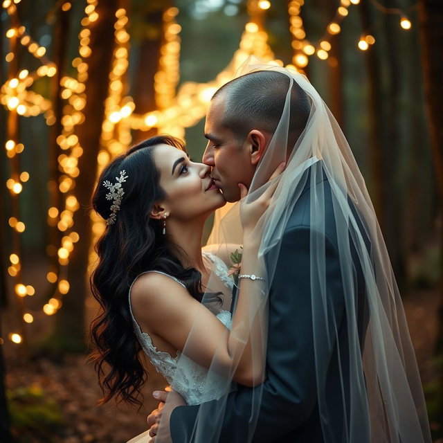 A beautifully captured moment of an Italian woman with long dark wavy hair and enchanting blue eyes, dressed in an elegant wedding gown, as she shares a loving kiss with her British fiancé, who has a shaved head, underneath a sheer veil