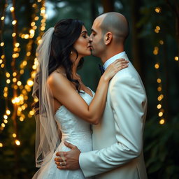 An enchanting wedding scene featuring an Italian woman with dark long wavy hair and captivating blue eyes, dressed in a beautiful wedding gown