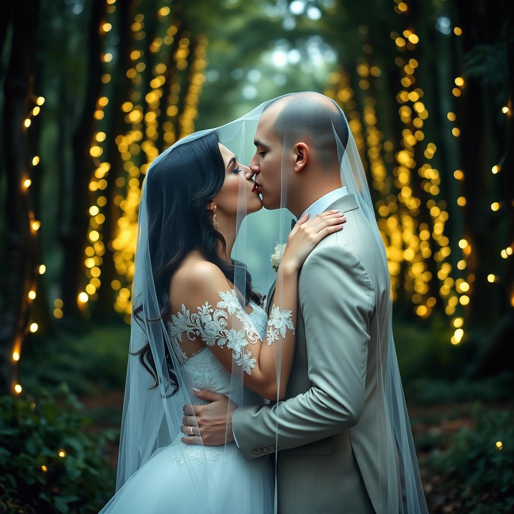 An enchanting wedding scene featuring an Italian woman with dark long wavy hair and captivating blue eyes, dressed in a beautiful wedding gown