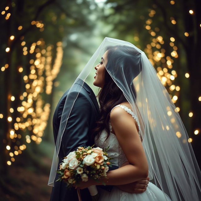 An enchanting wedding scene featuring an Italian woman with dark long wavy hair and captivating blue eyes, dressed in a beautiful wedding gown