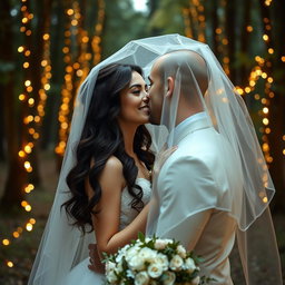 An enchanting wedding scene featuring an Italian woman with dark long wavy hair and captivating blue eyes, dressed in a beautiful wedding gown
