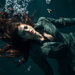 A beautiful woman with long hair, dressed in a detective outfit, lying on her back submerged in deep water
