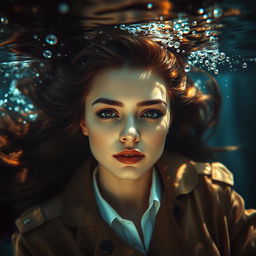 A beautiful woman with long hair, dressed in a detective outfit, lying on her back submerged in deep water