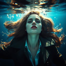 A beautiful woman with long hair, dressed in a detective outfit, lying on her back submerged in deep water