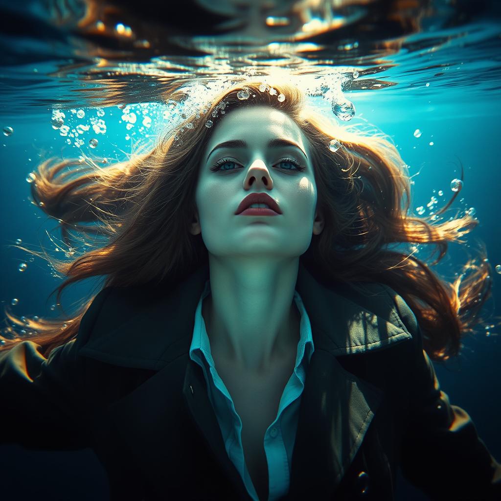 A beautiful woman with long hair, dressed in a detective outfit, lying on her back submerged in deep water