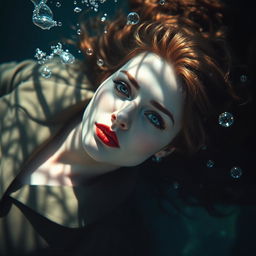 A beautiful woman with long hair, dressed in a detective outfit, lying on her back submerged in deep water