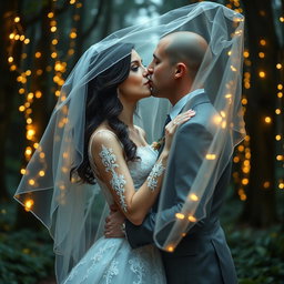 A stunning wedding scene depicting an Italian woman with dark long wavy hair and striking blue eyes, dressed in an exquisite wedding gown, as she tenderly kisses her British fiancé, who sports a shaved head, under a luminous veil
