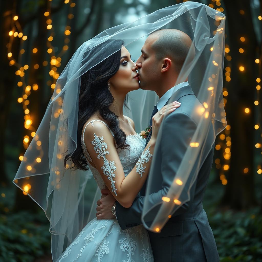 A stunning wedding scene depicting an Italian woman with dark long wavy hair and striking blue eyes, dressed in an exquisite wedding gown, as she tenderly kisses her British fiancé, who sports a shaved head, under a luminous veil